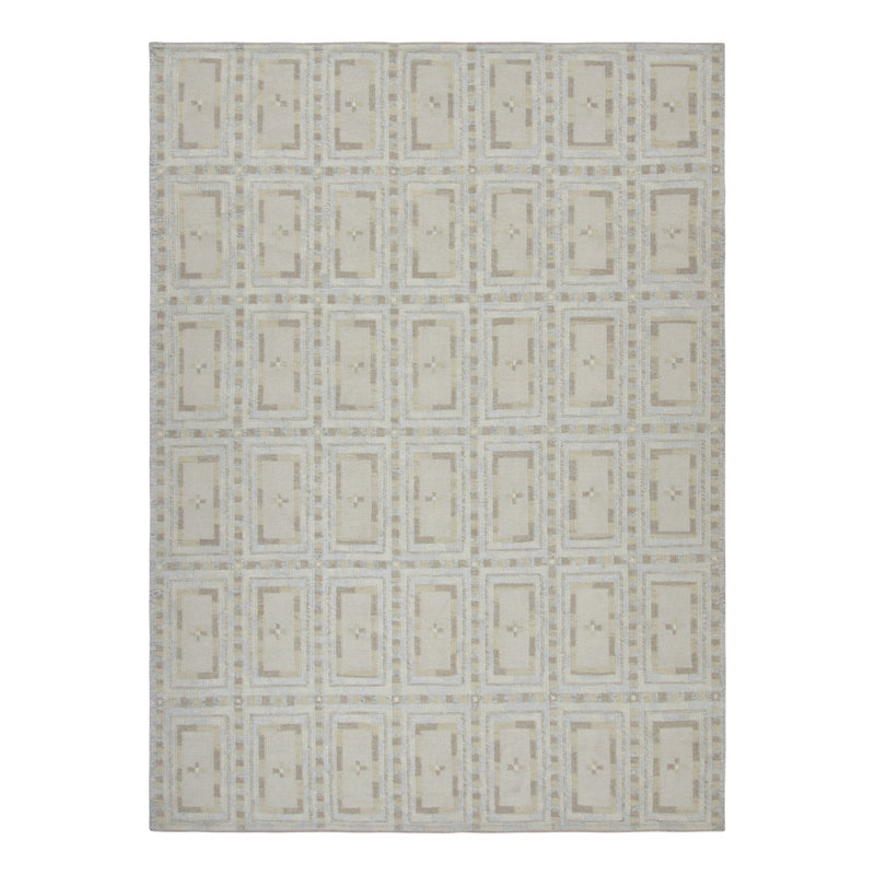 Rug & Kilim’S Scandinavian Rug In Beige, Ivory And Ice Blue Geometric Patterns, Rectangle 14' x 20'
