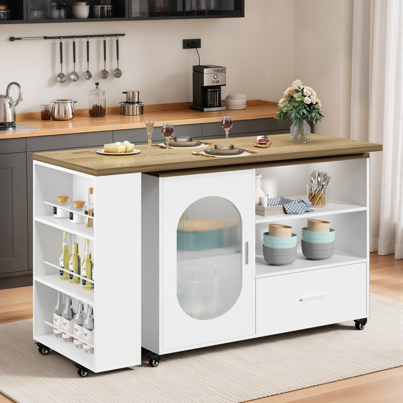 Kitchen Island With Extended Table, Storage Cabinet, Drawers, Oak/White