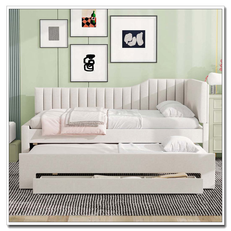 Upholstered Daybed with Trundle and Three Drawers, Beige, Full/Double