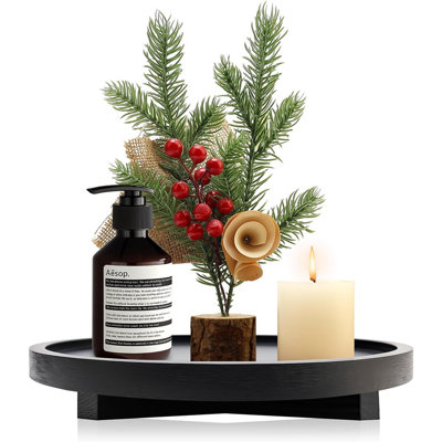 Black Decorative Wooden Tray, Rustic Round Tray For Kitchen, Bathroom, Vanity, Coffee Table, And Home Decor