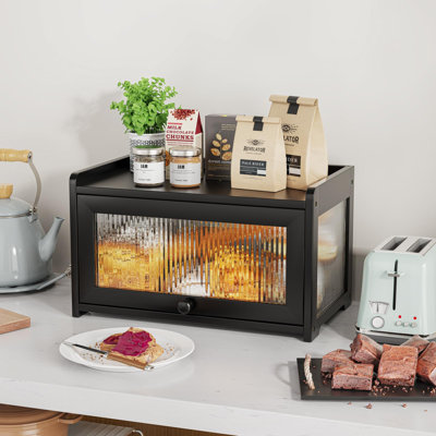 Boîte à pain de grande capacité avec 3 côtés de fenêtre ondulés et arrière transparents, porte-paniers à pain pour pain maison, noir
