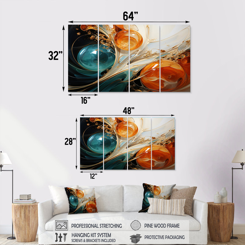 Encre blanche blanche, bleue et orange, tempête III - ensemble de 4 peintures murales abstraites, H 32 po x l 64 po