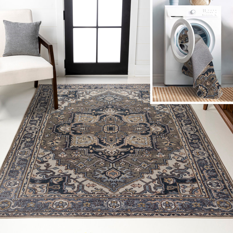 Tapis vert / bleu marine / crème Sarok Ornate, Rectangle 2 pi 11 po x 5 pi