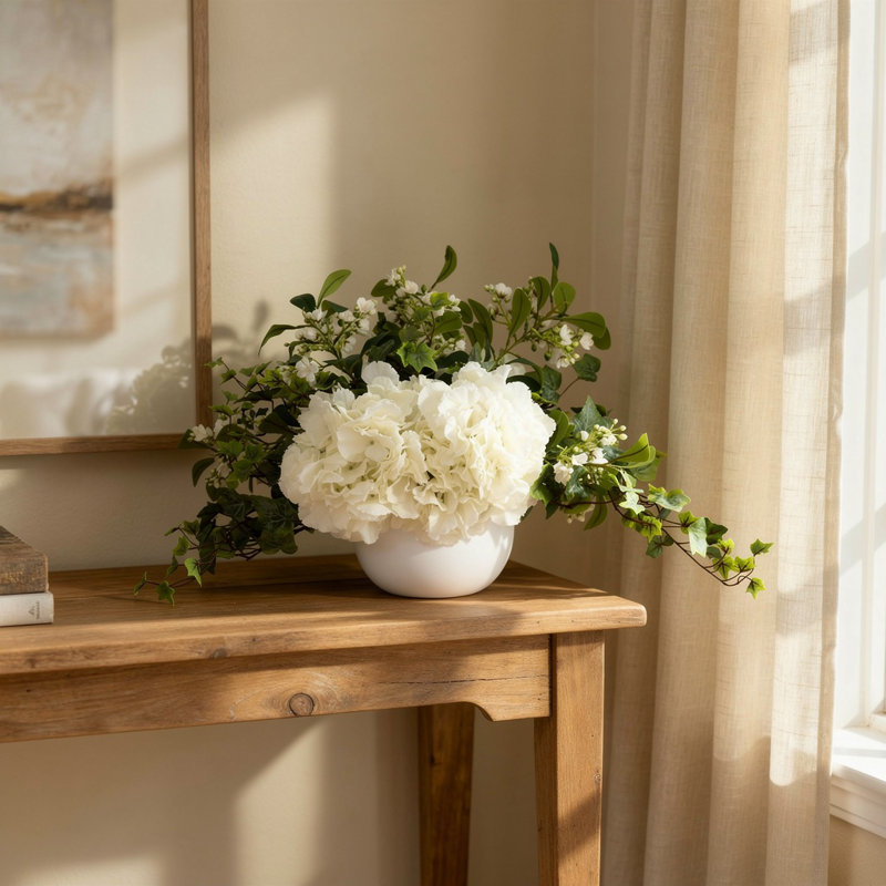 Hydrangeas and Ivy in Round Fiberstone Pot