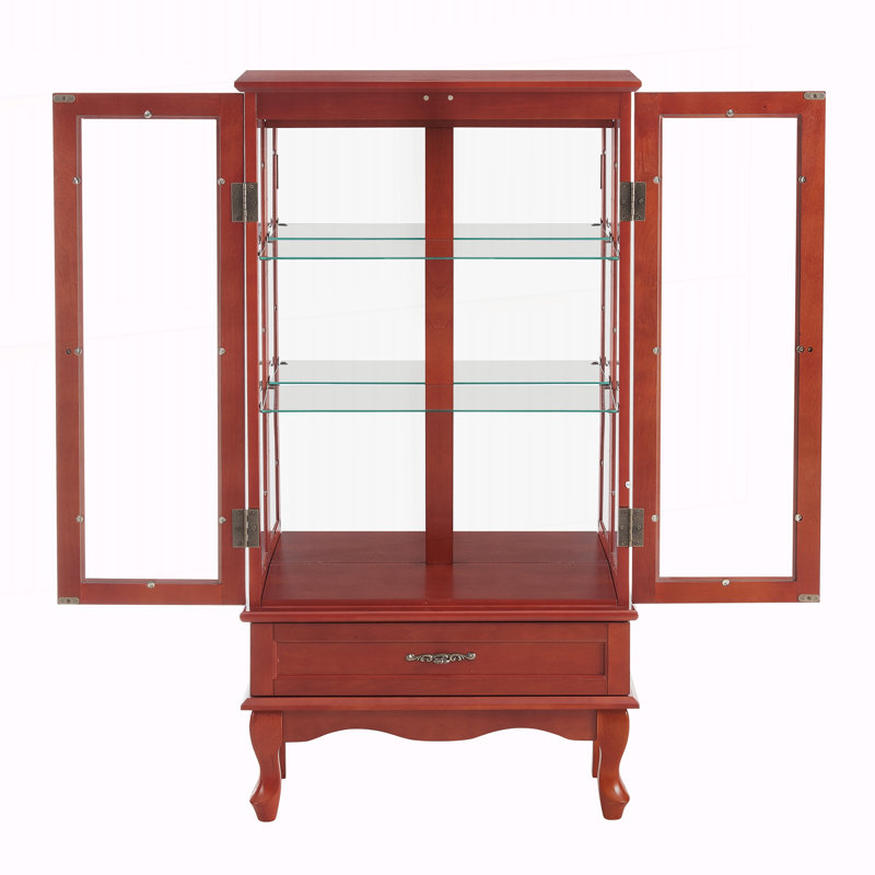 Vitrine Curio avec tablettes réglables en verre, Merisier