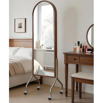 Full Length Mirror with Storage Shelves & Wheels, Rubber Wood Frame Floor Mirror, 2-in-1 Dressing Mirror & Bookcase