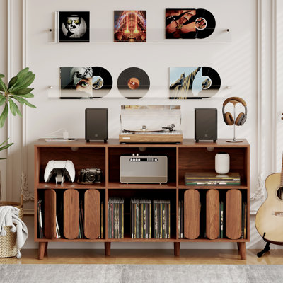 Support pour tourne-disque de 55 pouces avec station de charge, armoire de rangement en vinyle avec ports USB et tablettes ouvertes pour le salon