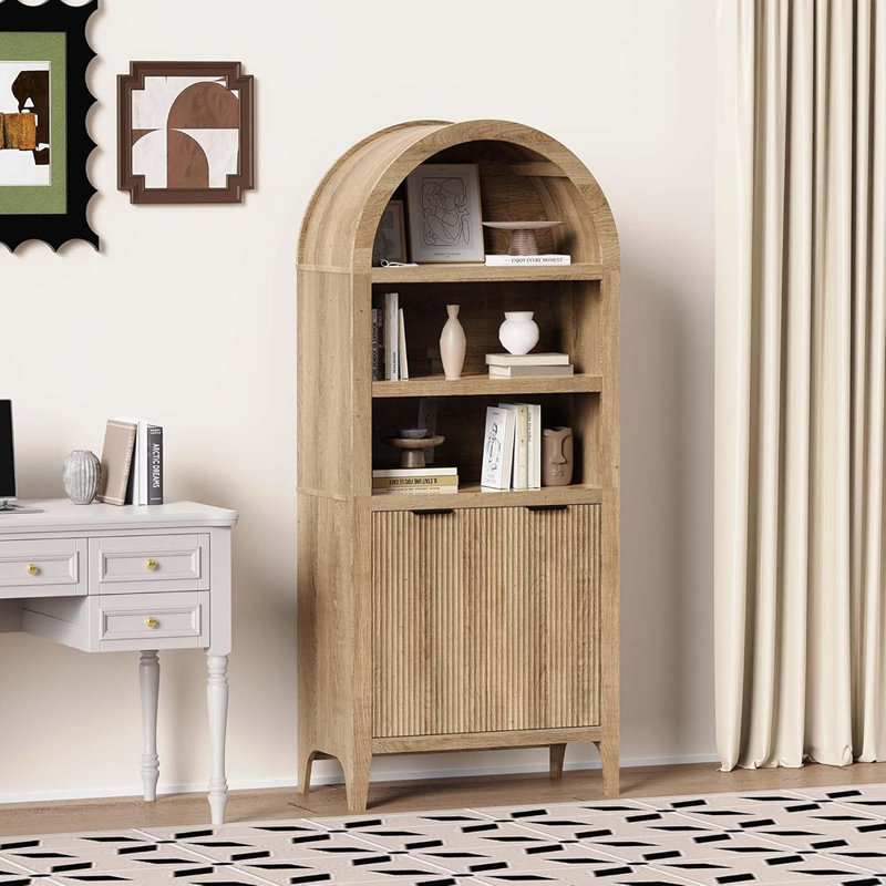 Bibliothèque arquée en bois avec portes - Bibliothèque haute en chêne à 5 niveaux avec plateau arrondi pour le rangement et la présentation