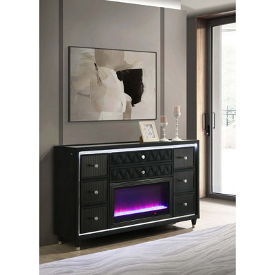 Sculptural 8-Drawer LED Flame Dresser with Wireless Fireplace