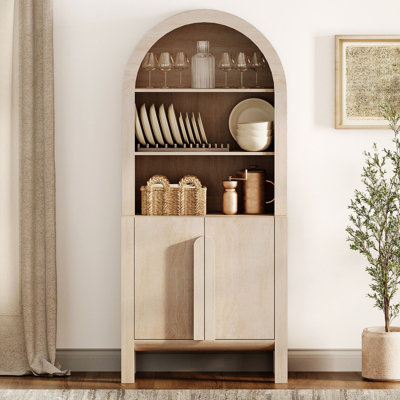 71" Tall Arched Kitchen Pantry Cabinet, Wood Bookcase Display Cabinet With Doors And Adjustable Shelves, Mid-Century Modern Versatile Cupboard For Dining Room, Bedroom