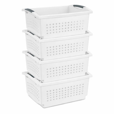 Sterilite Large Stacking Basket, Open Top Storage Bin w/ Handles, 4 Pack, White