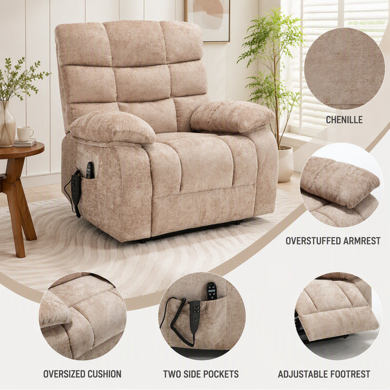 Fauteuil releveur inclinable avec fonction chauffante et massante, double moteur, positions infinies, capacité de 159 kg et montage facile pour un confort et un soutien optimaux.