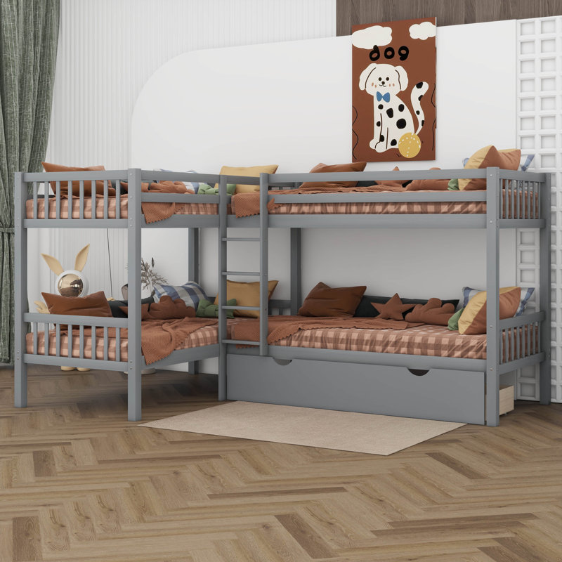 Lit simple superposé en bois pour 4 personnes, cadre de lit superposé avec tiroirs de rangement, lit superposé en L, aucun sommier requis