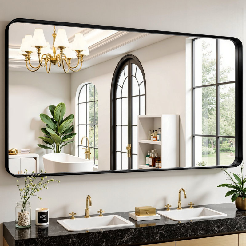 Miroir de salle de bain rectangulaire arrondi de 1,18 po avec cadre en alliage d'aluminium et verre trempé de qualité supérieure Lunara
