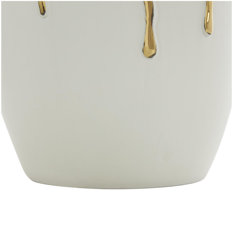 Patrich Ceramic Abstract Decorative Vase with Abstract Gold Melting Drips, Gold/White, 13.05" H x 9.35" W x 9.3" D