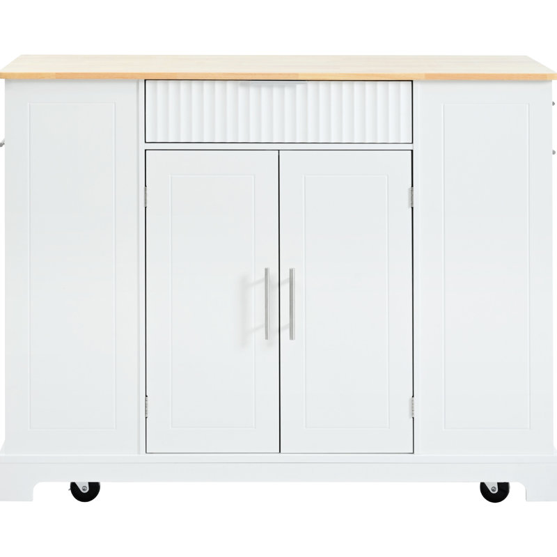 Îlot de cuisine classique avec porte-poubelle, tablettes réglables, 5 roulettes cachées, poubelle de luxe style blanc, bloc d'alimentation, 3 tiroirs, look ouvert