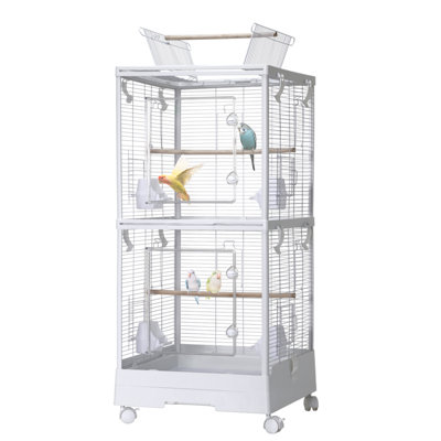 Large Double-Layer Bird Cage with Removable Tray, Rolling Stand, Perches, Feeding Bowls, Spray Guard, Play Roof – Easy-Clean 100x46x46cm Aviary for Budgies, Canaries, Parakeets – White