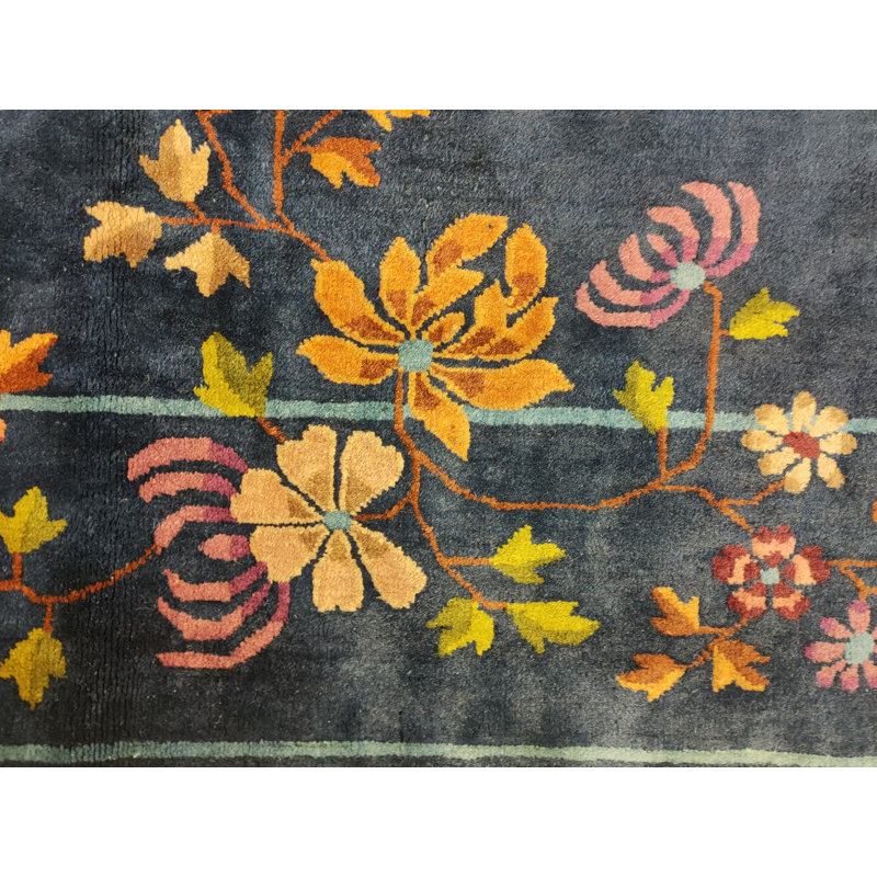 Navy Blue Color Field Antique Floral Pattern Chinese Deco Rug