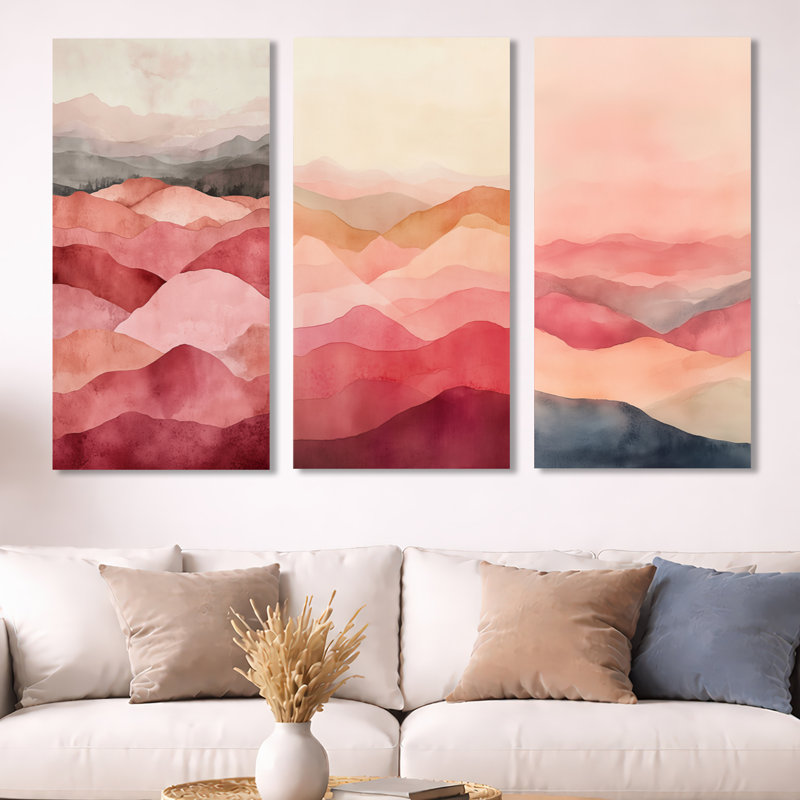 Fragmented Terrain in Blush - Paysage abstrait encadré, décoration murale 3 panneaux, H 32 po x l 48 po, Toile tendue