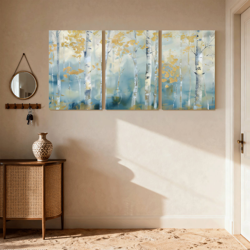 Paysage et nature, bouleaux avec feuilles dorées et ciel bleu, ensemble de 3 impressions sur toile, H 36 po x l 72 po