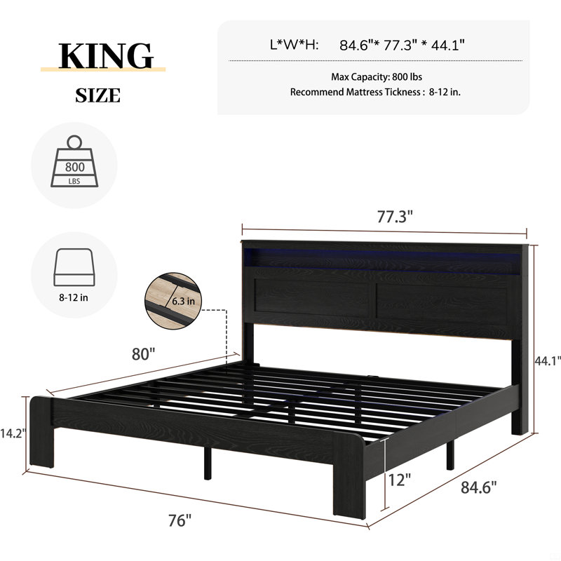 Bed Frame King Size, Wood Platform Bed Frame With Storage LED Light Headboard And 2 USB