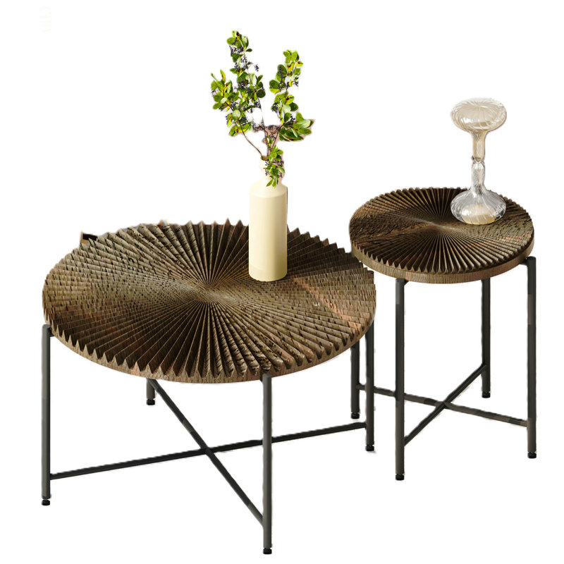 Radial Pattern 2-Piece Coffee And End Table Set – Waterproof MDF With PVC Cover, Distressed Cylindrical Design,  Metal Legs – Classic Rustic Charm