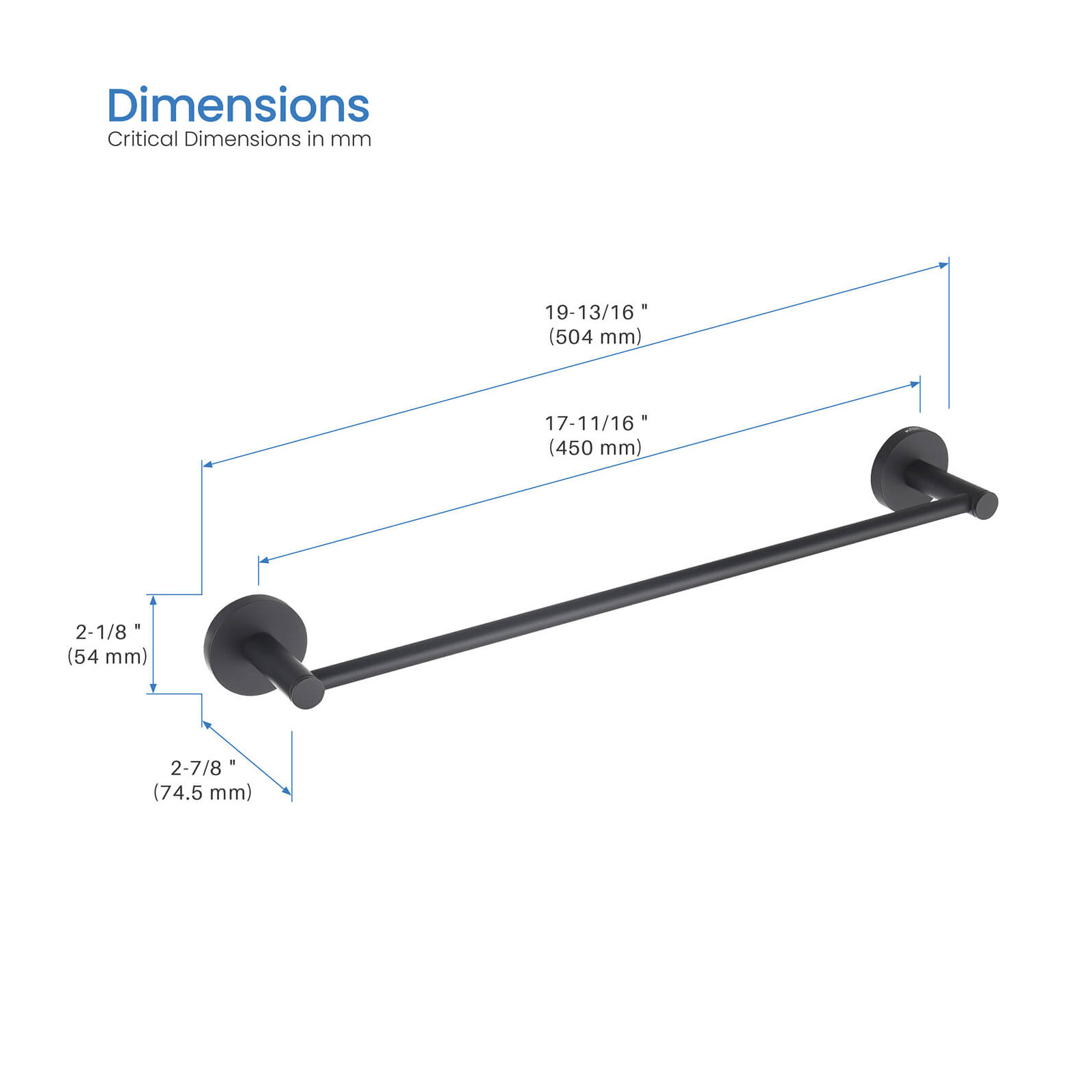 Wall Mounted Towel Bar, Matte Black, 2.13" H x 19.81" W x 2.88" D