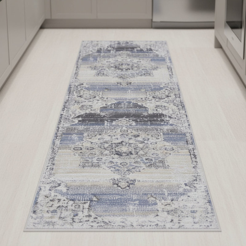 PAYAS Collection Cream / Blue Medallion Doormat Rug, Runner 2'2" x 8'