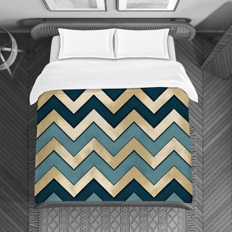Housse de couette à motif de chevrons et rayures bleues / dorées, Housse de couette grand