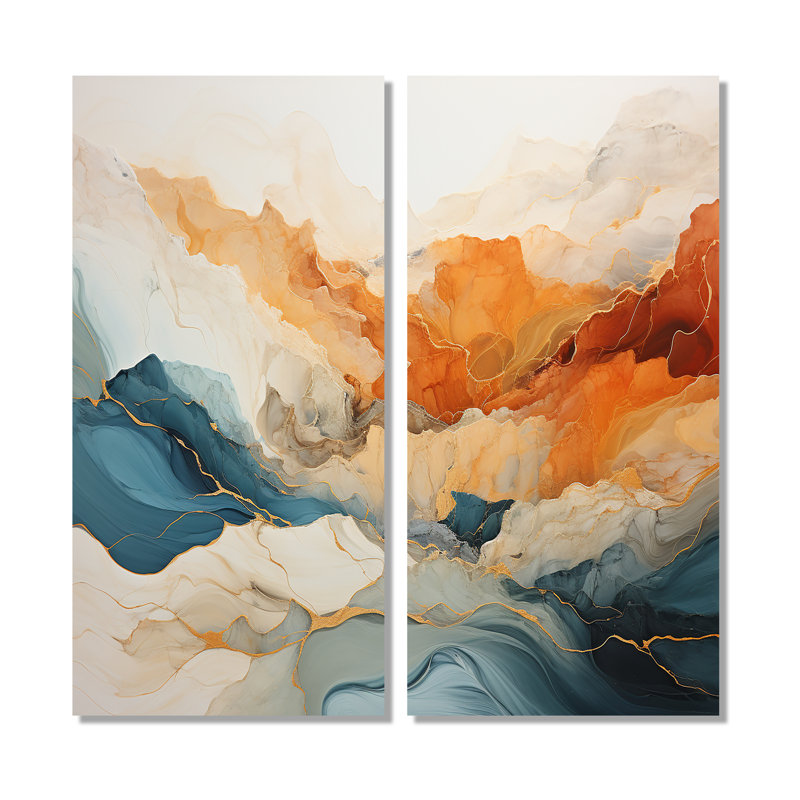 Abstrait abstrait orange et bleu - encre bleue, H 40 po x l 40 po, Toile tendue, Ne s’applique pas