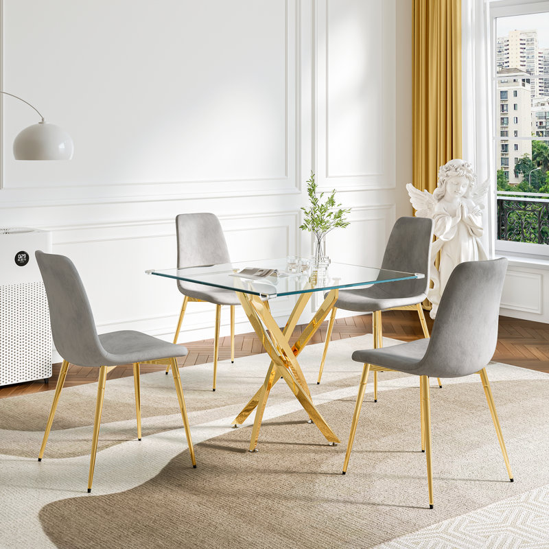 Square Glass Dining Table Set for 4, 36" Tempered Glass Top and 4 Velvet Upholstered Dining Chairs, Gold, Gray/Gold