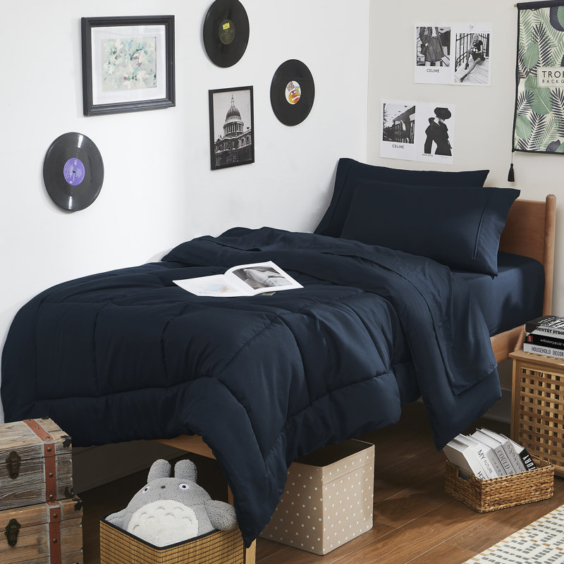 Ensemble de literie pour grand lit simple 7 pièces Campus Ready Dorm, édredon, oreillers et draps, Marine