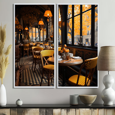 «France Parisian Cafe Charm II», reproduction d'art jaune sur toile à 2 panneaux