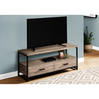 Meuble télé 48 pouces, taupe foncé, métal noir, 2 tiroirs et options de rangement pour la chambre à coucher, pour salon, convient aux téléviseurs centraux de 70 à 79 taupe et tiroirs, chambre à coucher, présentoirs de télévision