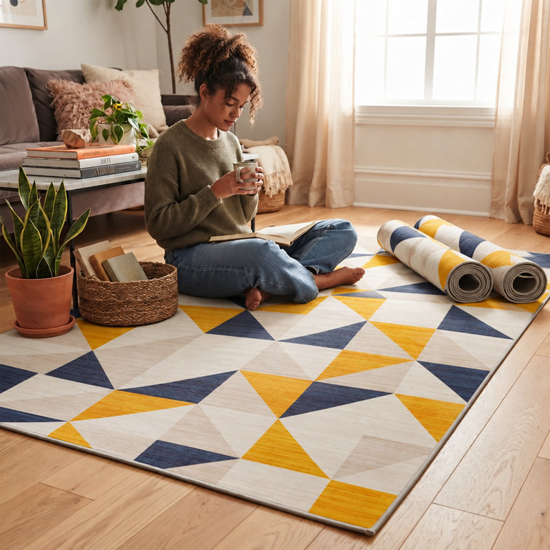 Modern Geometric Machine Tufted Area Rug – Navy Blue, Yellow & Ivory, Rectangle  120 x 170 cm