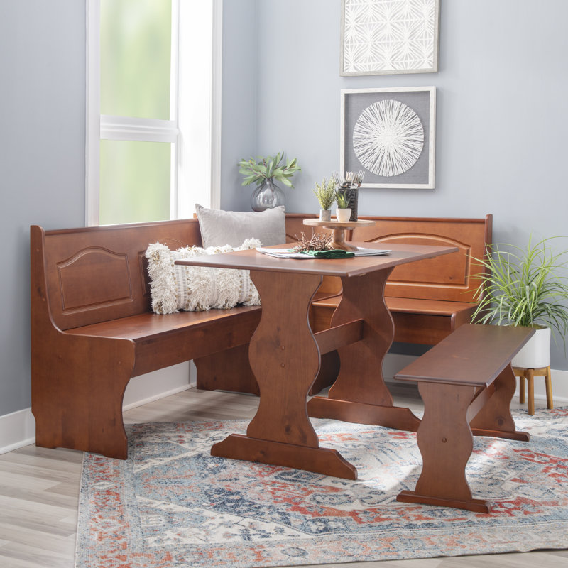 Jiles 5 Person Corner Solid Pine Breakfast Nook with Hidden Storage, Walnut