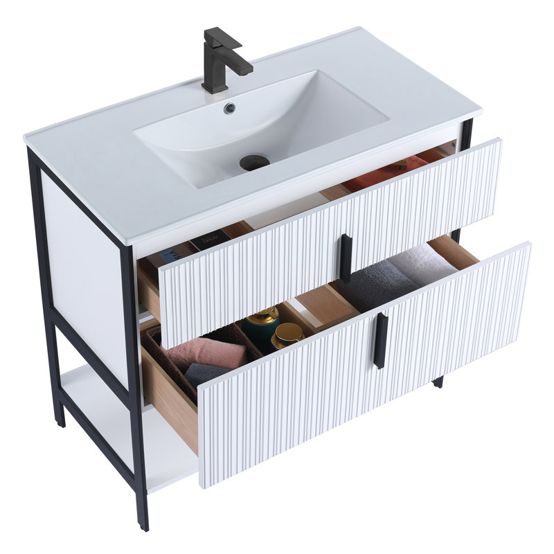  Meuble-lavabo moderne avec plateau en céramique blanche Serenity, Blanc mat / noir, 36"