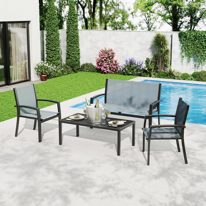 Ensemble bistro de patio 4 pièces - 2 chaises, causeuse et table basse en verre, gris