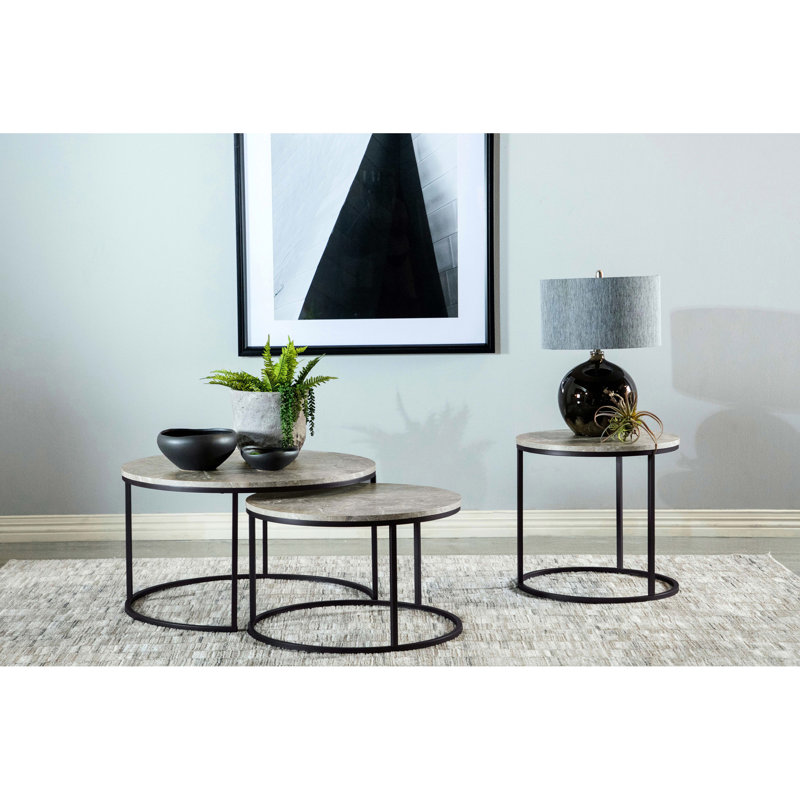 Round Coffee Table With Two - Piece Nesting Design, Grey Faux Marble Tops, Gunmetal Frames, 19.5H X 35W 35D Inches, Functional For Multifunctional Areas Finish And Space Saving, 35 Inches In