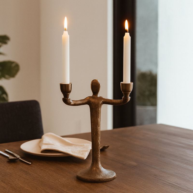 Modern Sculptural Taper Candle Hodler for Tabletop Decoration - Decorative Metal Candlestick Holder for Home Decor - Gold & Metallic