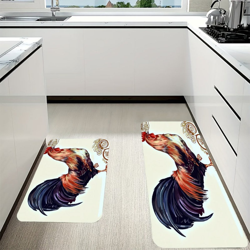 Ensemble de 2 tapis de cuisine à imprimé coq beige pour décor de cuisine rustique