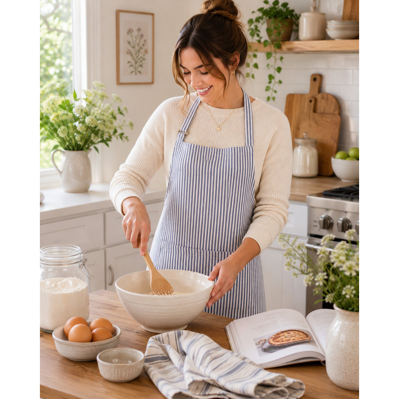 Linen Blend Striped Kitchen Apron – Adjustable Neck Strap, Lightweight Cooking Apron with Front Pocket for Baking, Cooking and Everyday Kitchen Use