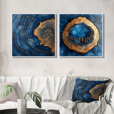 Glissade en bois saphir doré doré veines I - forêt, décoration murale - art mural traditionnel 2 pièces