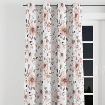 French Country Window curtains - Floral Pink And Grey Dusty Bloom Velvet Grommet Curtain - 1 Panel