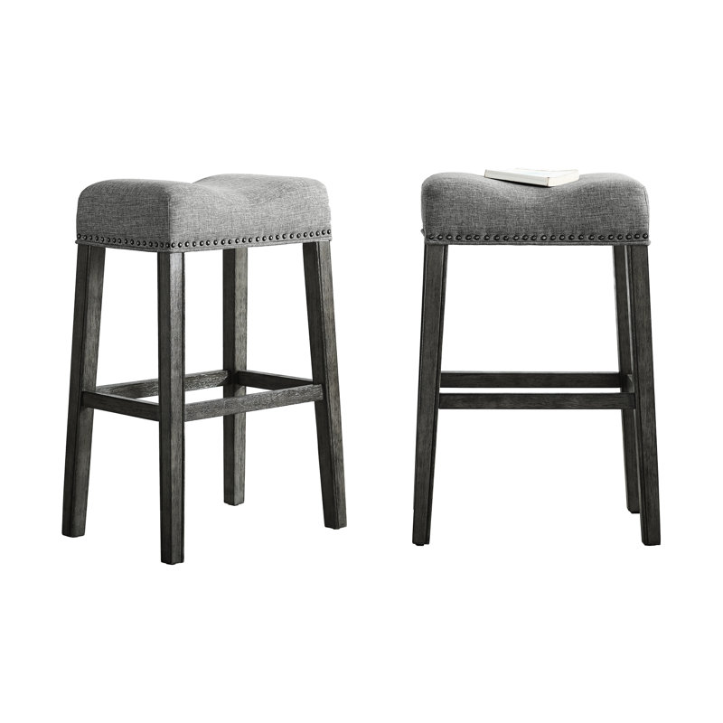 Gray Backless Saddle Seat Bar Stools, 29" Height, Of 2. Made Genuine Wood With Weathered Finish. Upholstered In Grey. Contemporary Style For Home. 18"W X 13"D 29"H. Some Assembly Needed 29". Real