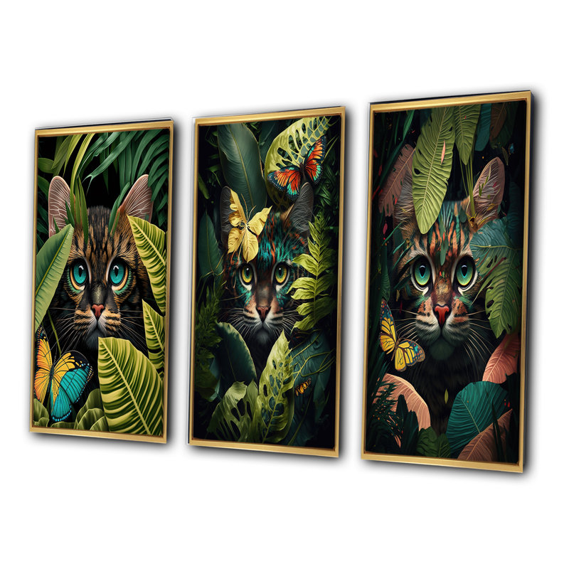 «Chat mignon avec un papillon dans les buissons de la jungle», 3 pièces sur toile, Or, H 20 po x l 36 po