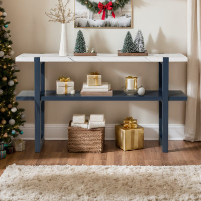 Narrow Console Table with Marble Effect Top, Retro Entryway Table with Open Shelf