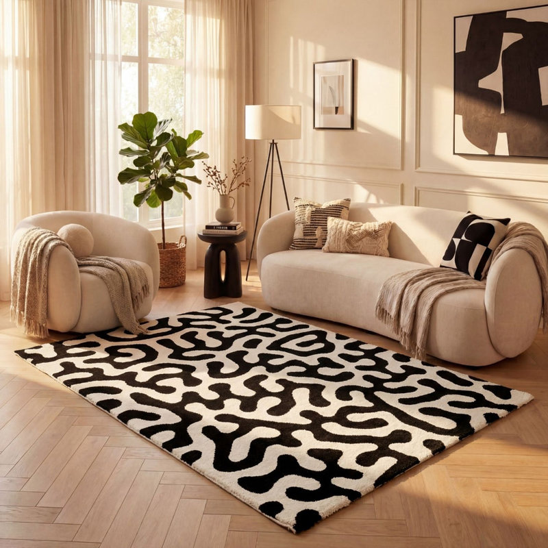 Joli Abstract Doodle Area Rug Soft Dense Pile for Living Rooms and Bedrooms, Black/White, Rectangle 120 x 170 cm