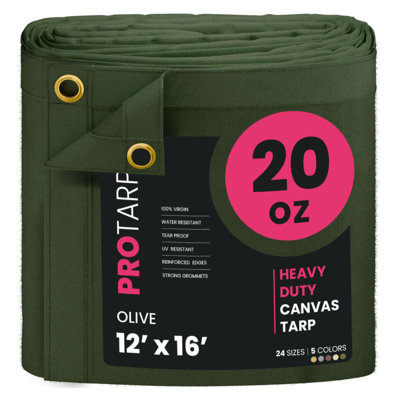 PROTARP Extreme Heavy Duty 20 OZ Water Resistant Canvas Tarp, UV Resistant Tarpaulin Cover with Rustproof Brass Grommets, Multipurpose for Canopy, Roof, Camping, Woodpile . (Olive)