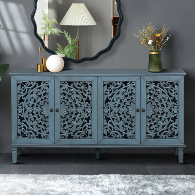 60 Inch Antique Buffet Cabinet With Floral Carvings, Solid Wood Legs, Adjustable Shelves, TV Stand For 65+ Inch Tvs, Sideboard For Living And Dining Rooms